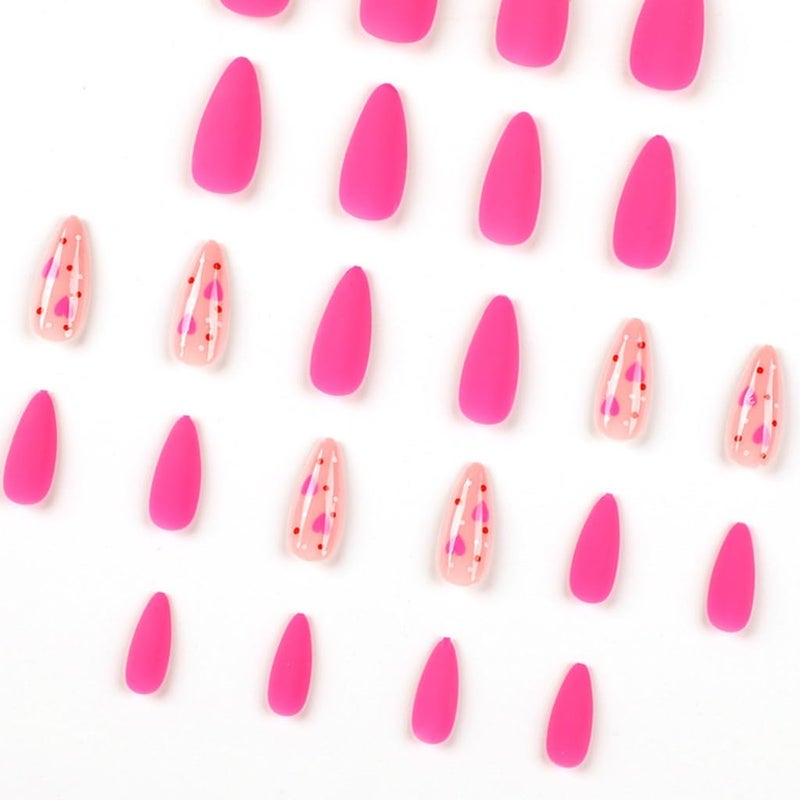 CTTHNBD Press on Nails Almond - Medium Fake Nails with Heart Design - Pink, Matte Full Cove Stick on False Nails for Women 24 Pcs - Image 4